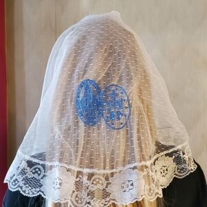 Miraculous Medal Embroidered Lace Mantilla Chapel Veil Blue on White Catholic